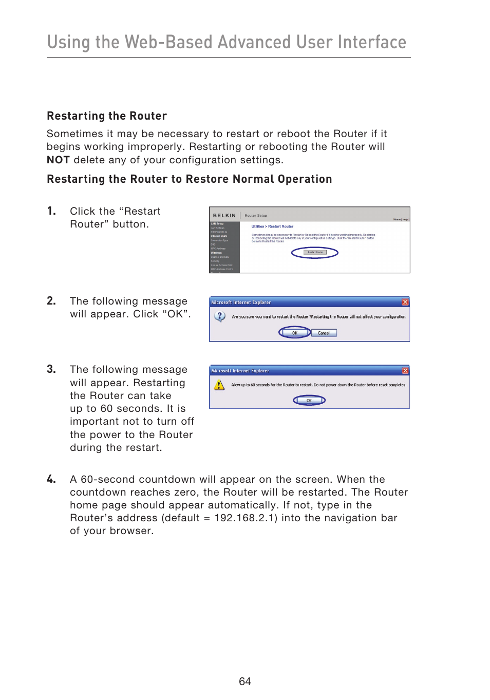 Using the web-based advanced user interface | Belkin F5D8633-4 User Manual | Page 66 / 606