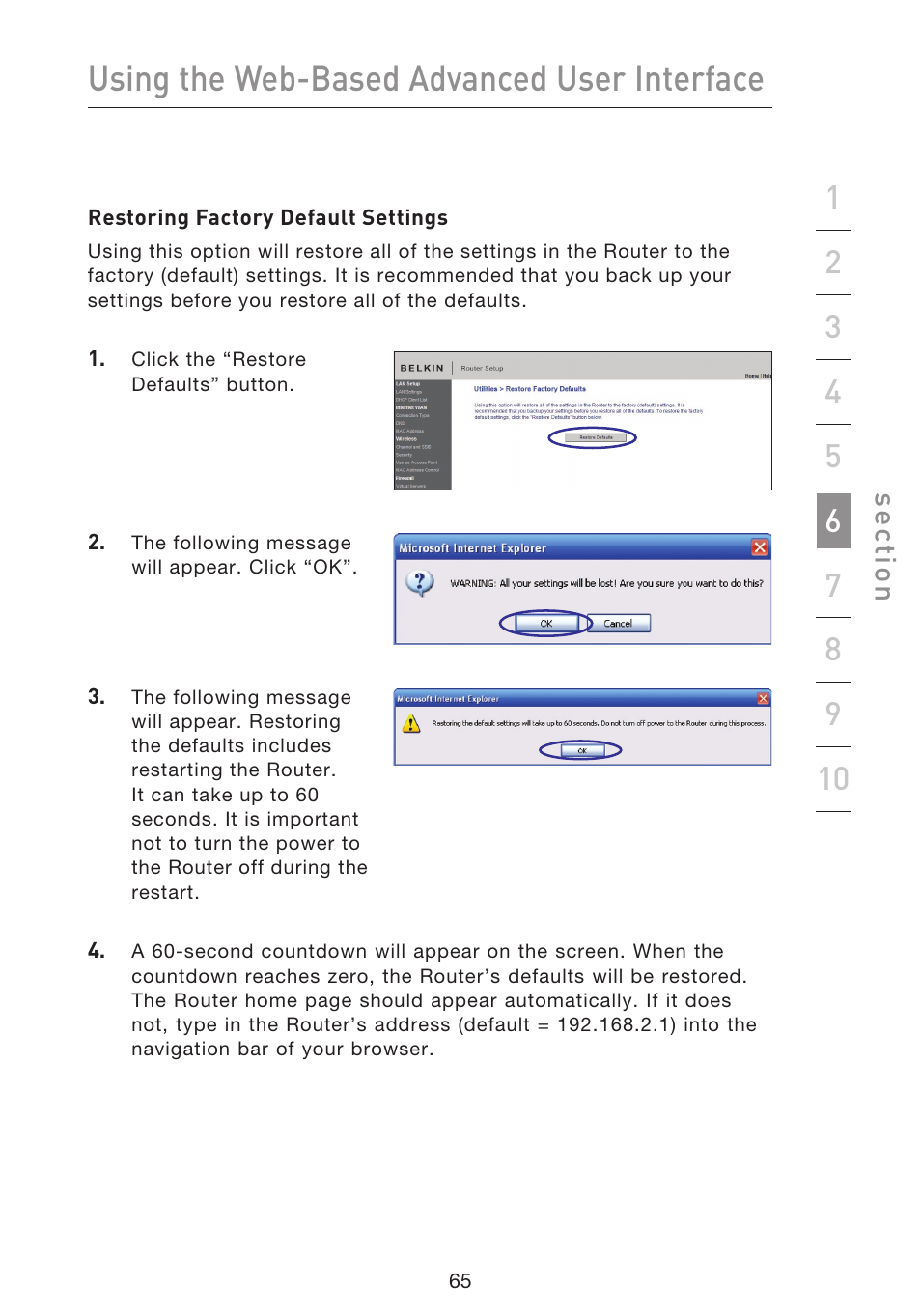 Using the web-based advanced user interface, Se ct io n | Belkin F5D8633-4 User Manual | Page 67 / 606