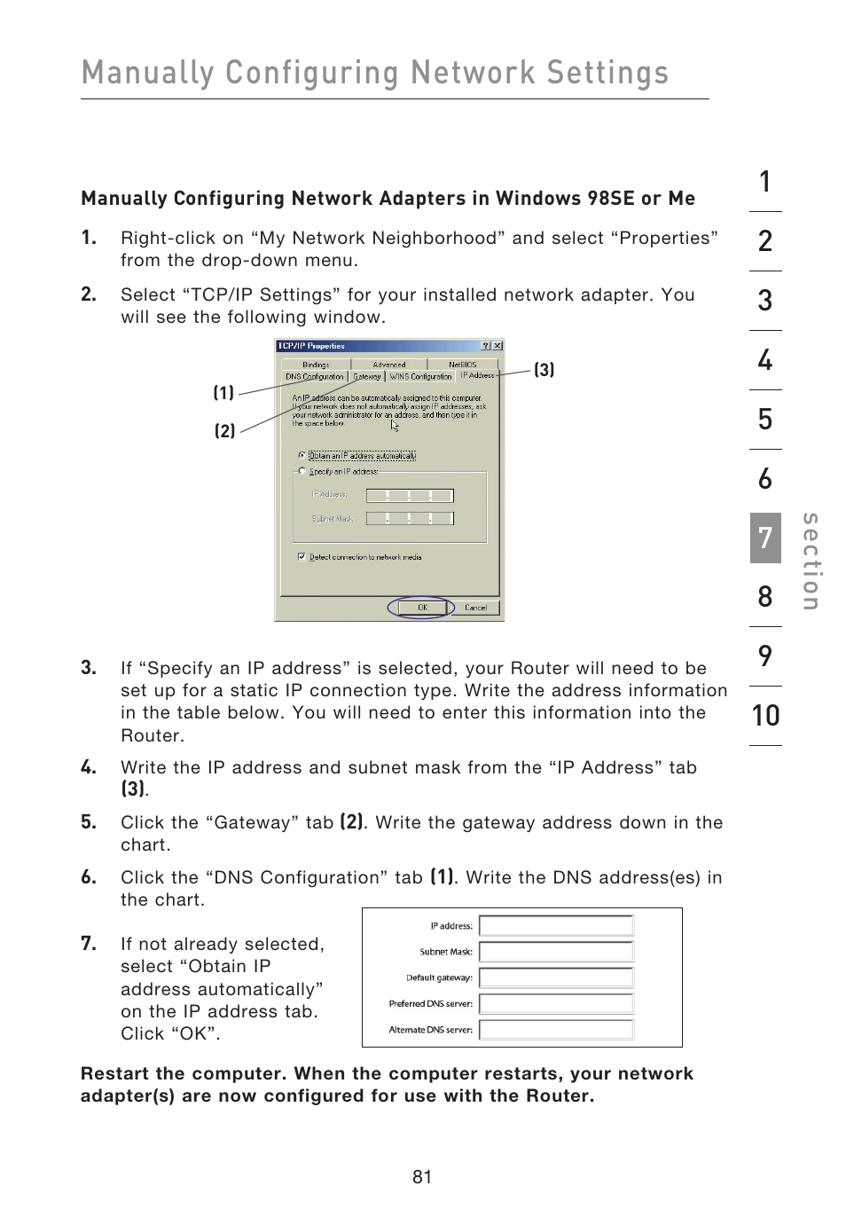 Manually configuring network settings, Se ct io n | Belkin F5D8633-4 User Manual | Page 83 / 606