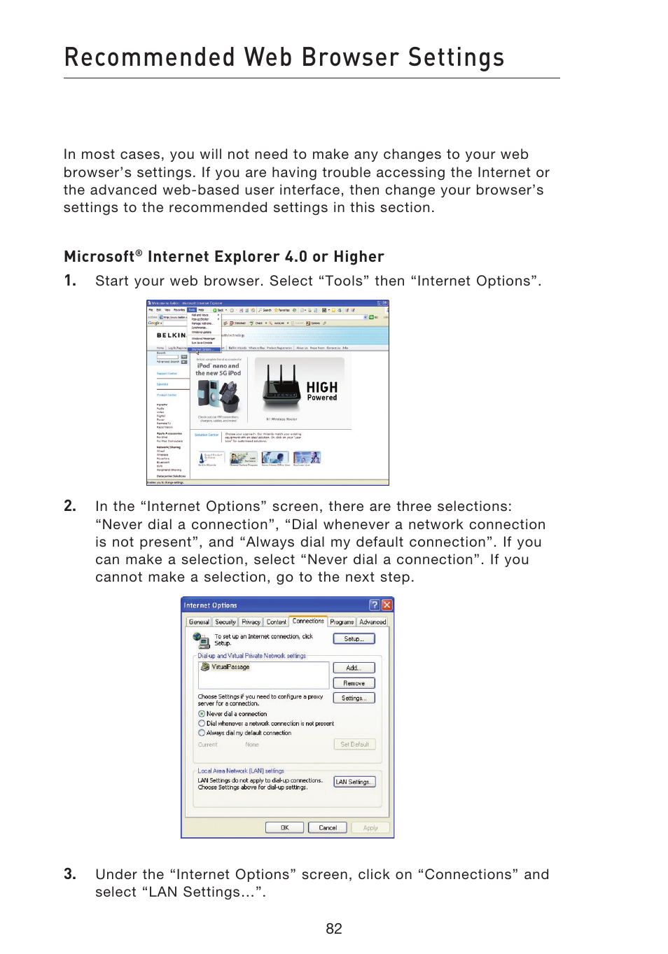 Recommended web browser settings | Belkin F5D8633-4 User Manual | Page 84 / 606