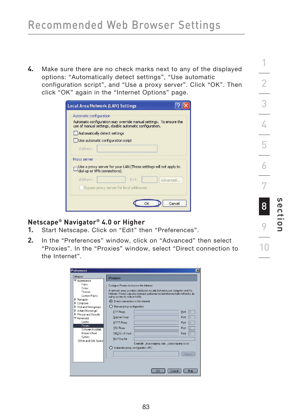Recommended web browser settings, Se ct io n | Belkin F5D8633-4 User Manual | Page 85 / 606