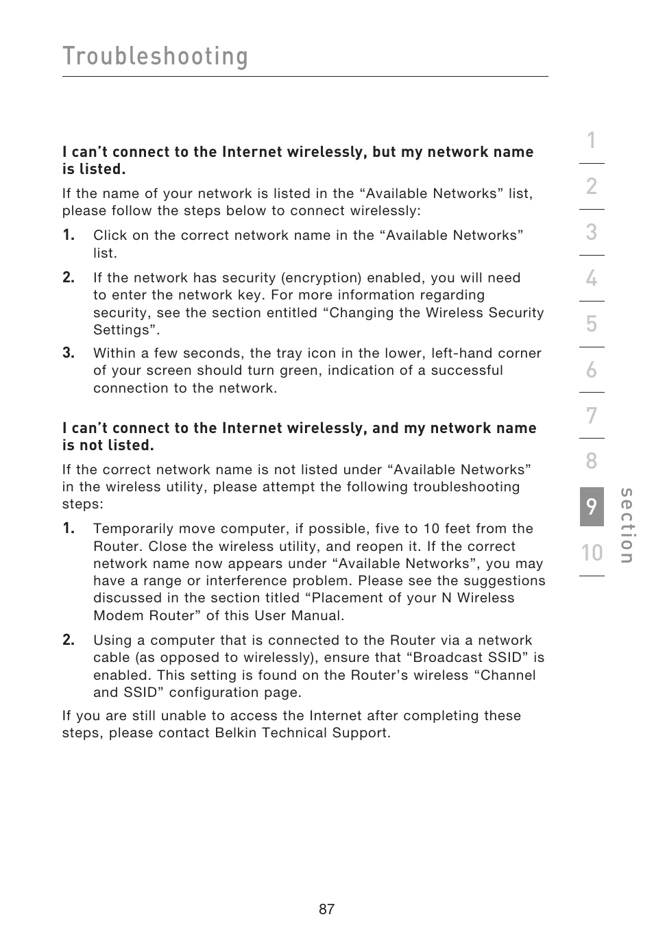 Troubleshooting, Se ct io n | Belkin F5D8633-4 User Manual | Page 89 / 606