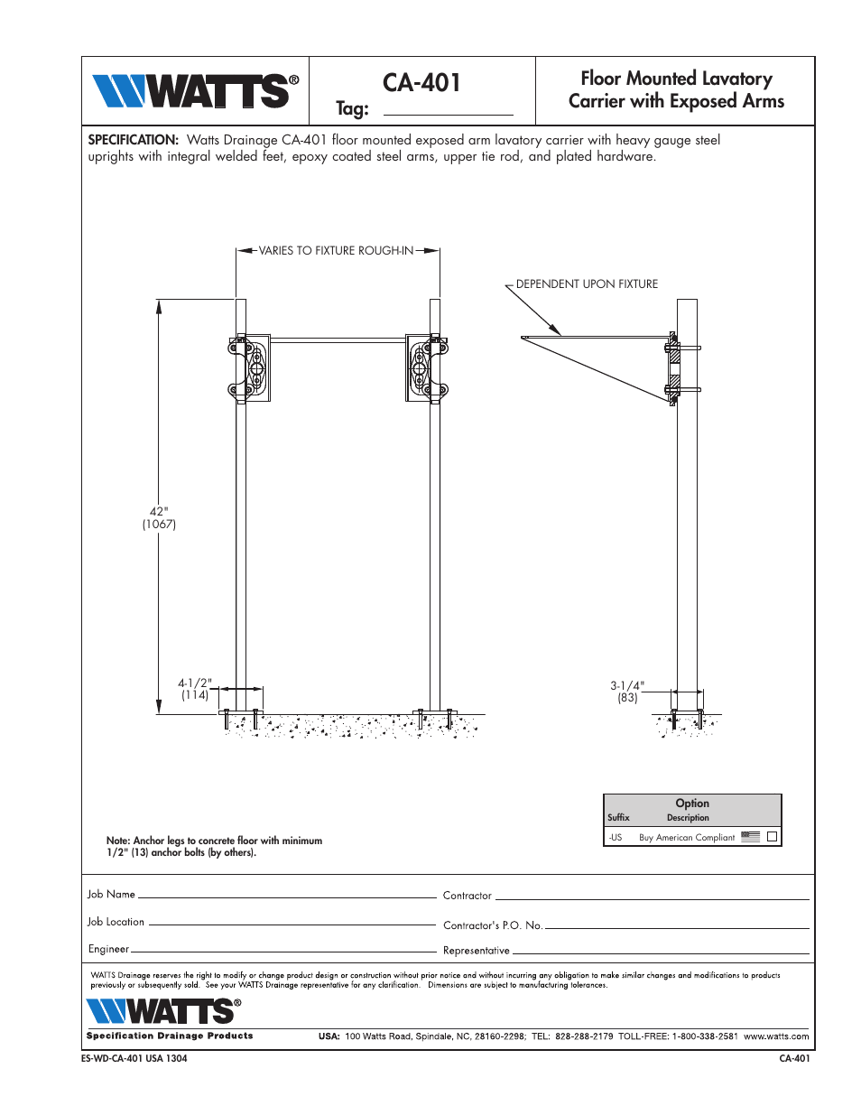 Watts CA-401 User Manual | 1 page