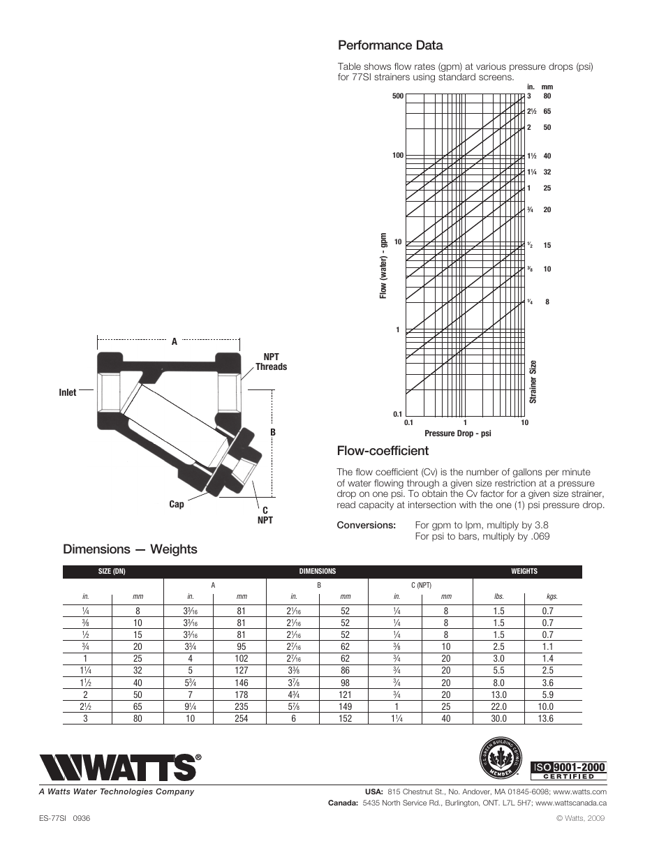 Dimensions — weights, Flow-coefficient, Performance data | Watts 77SI User Manual | Page 2 / 2