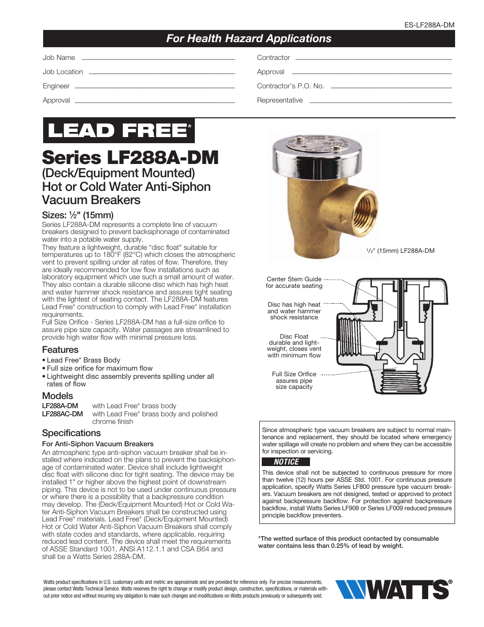 Watts LF288A-DM User Manual | 2 pages