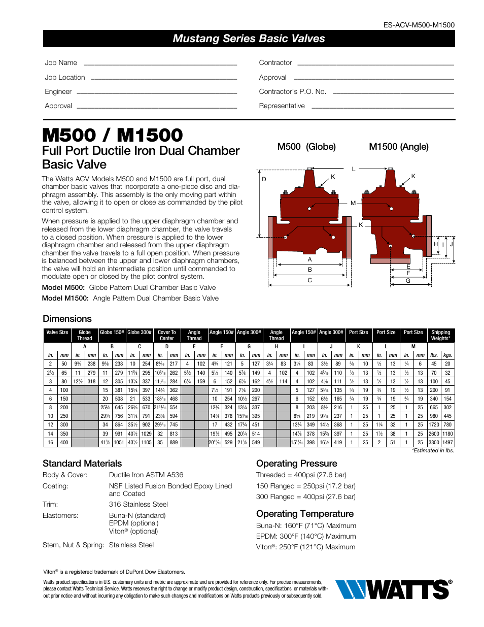 Watts M500 / M1500 User Manual | 2 pages