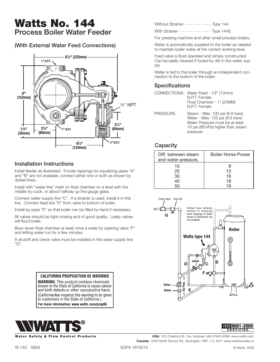 Watts no. 144, Process boiler water feeder, Installation instructions | Speciﬁ cations, Capacity, With external water feed connections) | Watts 144 User Manual | Page 2 / 2