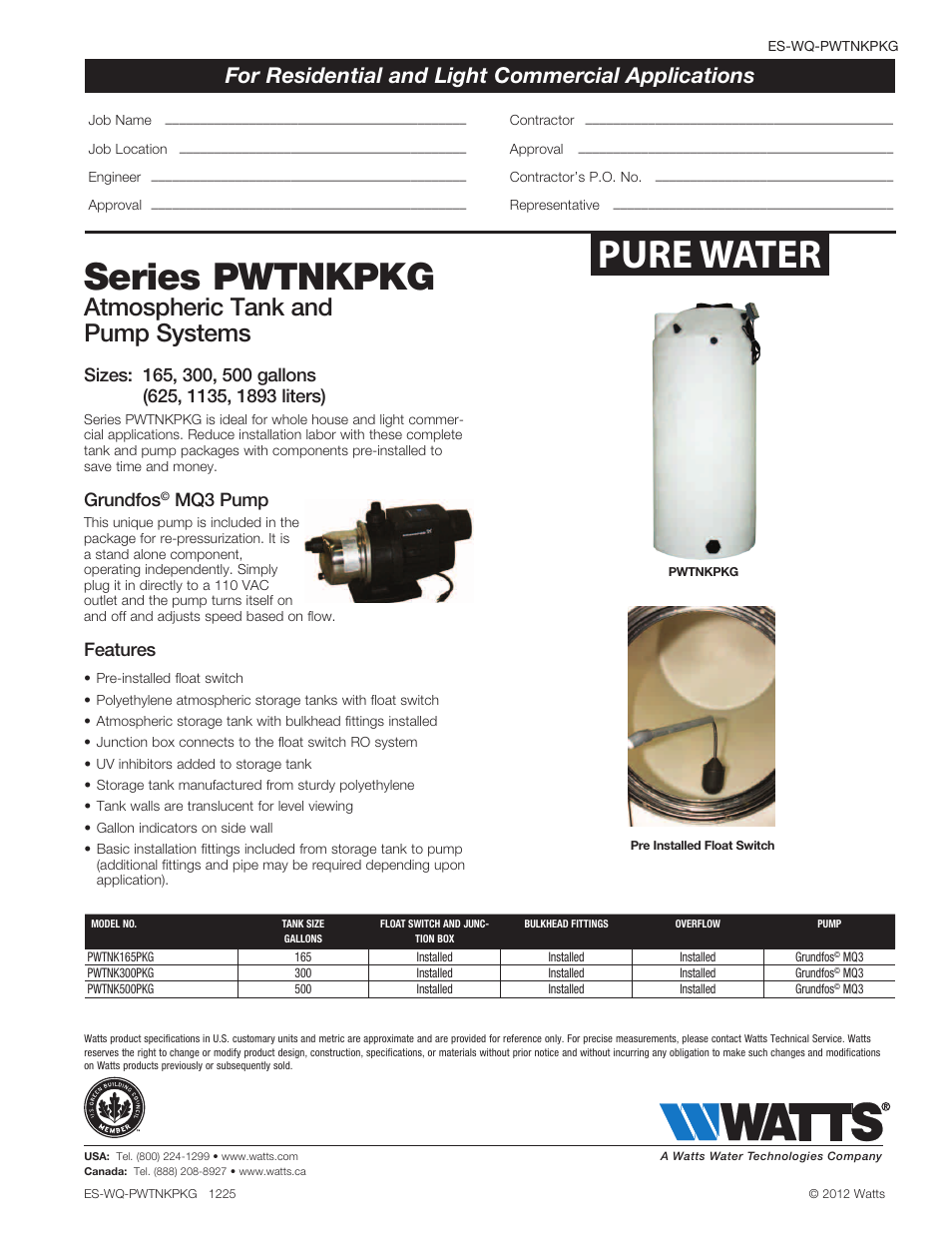 Watts PWTNKPKG User Manual | 1 page
