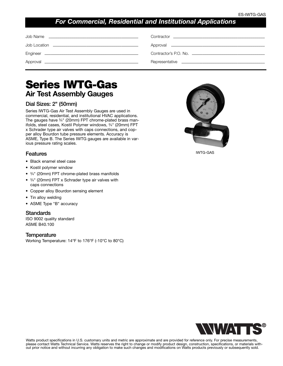 Watts IWTG-Gas User Manual | 2 pages
