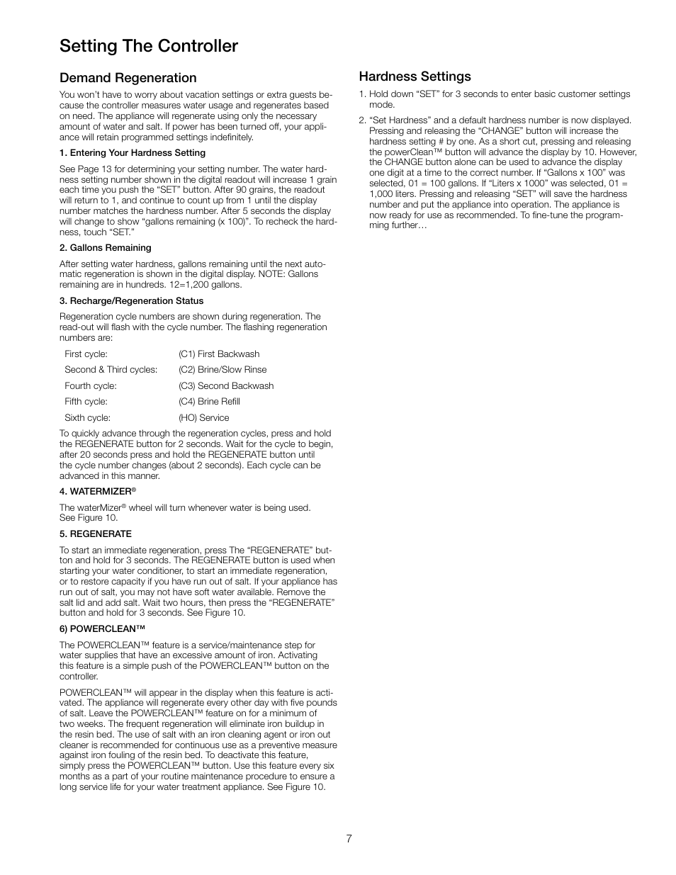 Setting the controller, Demand regeneration, Hardness settings | Watts PWSCAB30K User Manual | Page 7 / 20