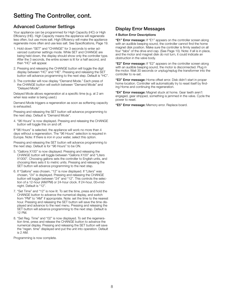 Setting the controller, cont, Advanced customer settings, Display error messages | Watts PWSCAB30K User Manual | Page 8 / 20