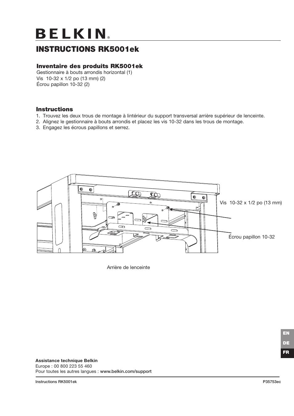 Instructions rk5001ek, Inventaire des produits rk5001ek, Instructions | Belkin RK5001ek User Manual | Page 3 / 4