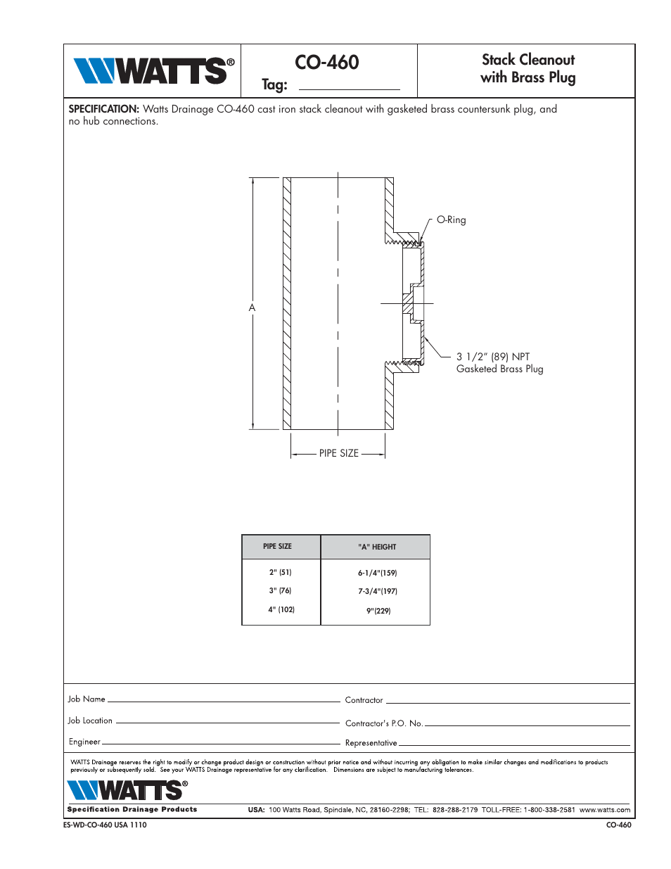 Watts CO-460 User Manual | 1 page