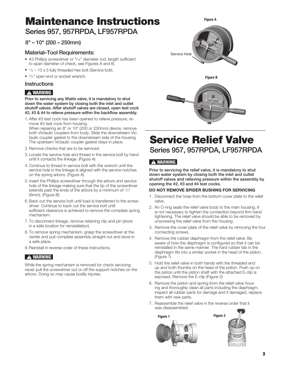 Maintenance instructions, Service relief valve, Material–tool requirements | Instructions | Watts 957Z User Manual | Page 3 / 4