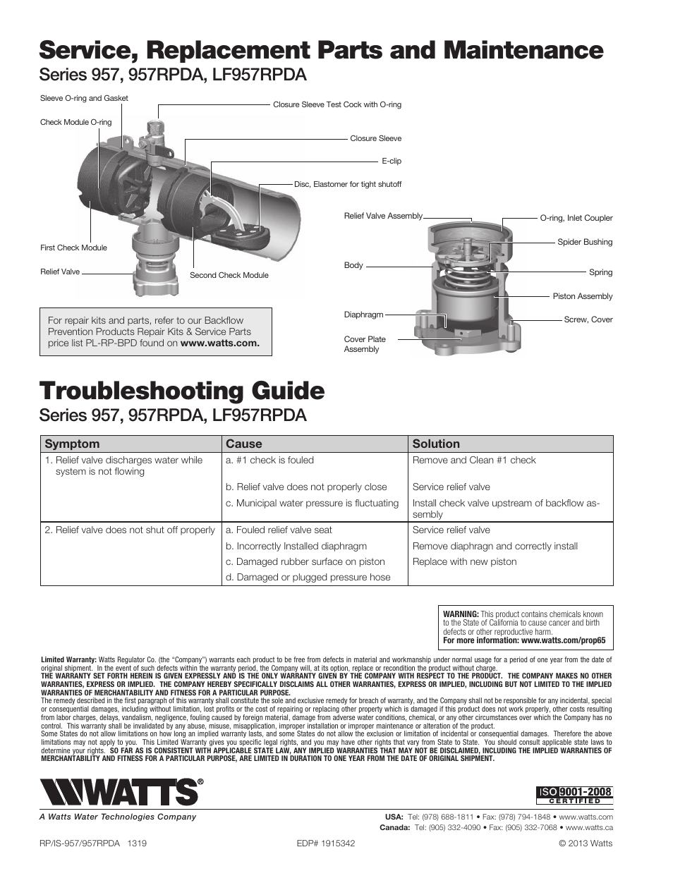 Troubleshooting guide, Service, replacement parts and maintenance, Symptom cause solution | Watts 957Z User Manual | Page 4 / 4