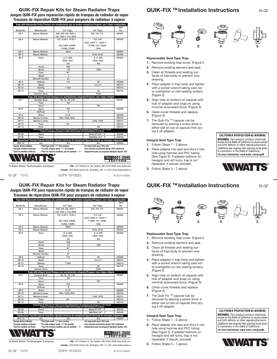 Watts QF User Manual | 2 pages