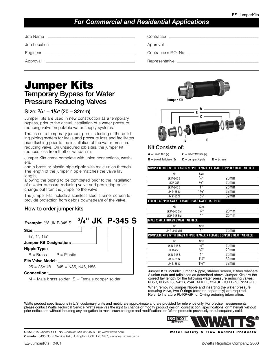 Watts Jumper Kits User Manual | 1 page