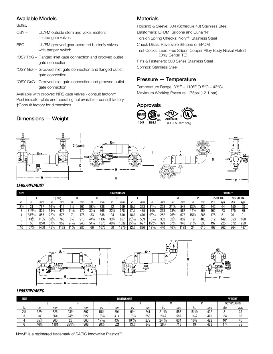 Available models, Dimensions — weight materials, Pressure — temperature | Approvals | Watts LF957ZRPDA User Manual | Page 2 / 3