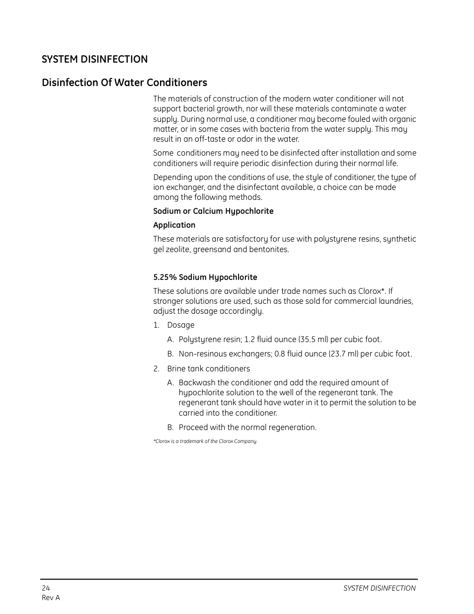 System disinfection, Disinfection of water conditioners | Watts Autotrol 263 / 268 (Logix Series) User Manual | Page 24 / 67