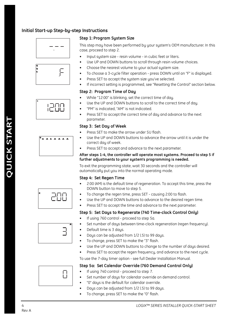 Initial start-up step-by-step instructions, Step 1: program system size, Step 2: program time of day | Step 3: set day of week, Step 4: set regen time | Watts Autotrol 263 / 268 (Logix Series) User Manual | Page 4 / 67