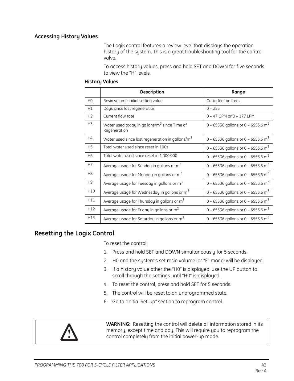 Resetting the logix control, Accessing history values | Watts Autotrol 263 / 268 (Logix Series) User Manual | Page 43 / 67