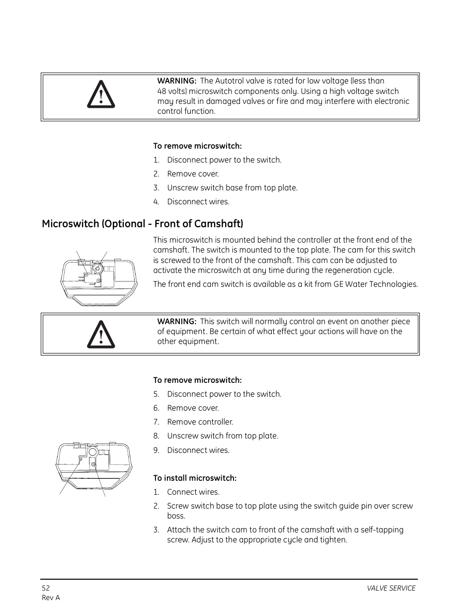 Microswitch (optional - front of camshaft) | Watts Autotrol 263 / 268 (Logix Series) User Manual | Page 52 / 67