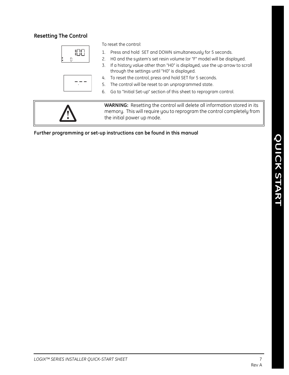 Resetting the control | Watts Autotrol 263 / 268 (Logix Series) User Manual | Page 7 / 67