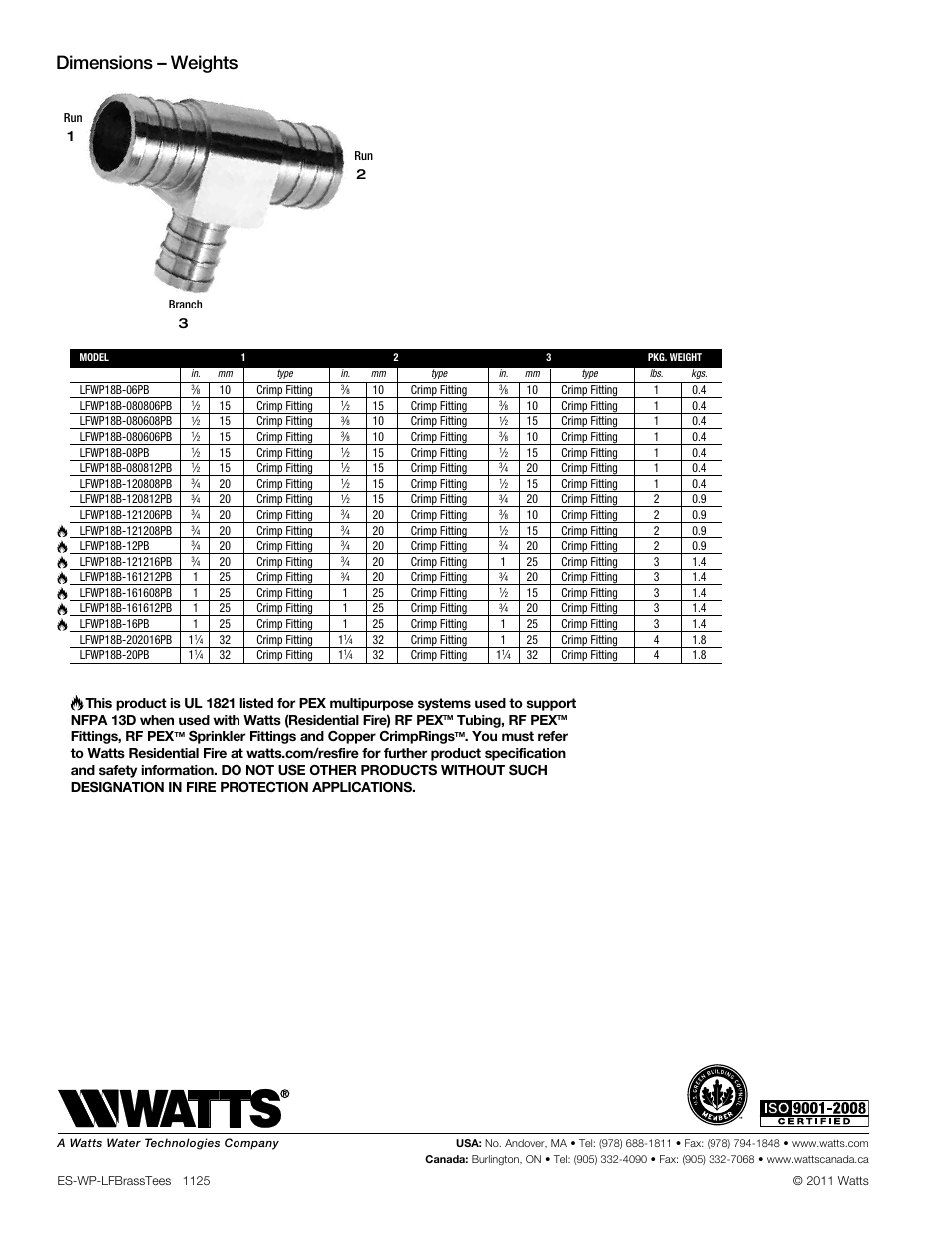 Dimensions – weights | Watts LFWP18B User Manual | Page 2 / 2