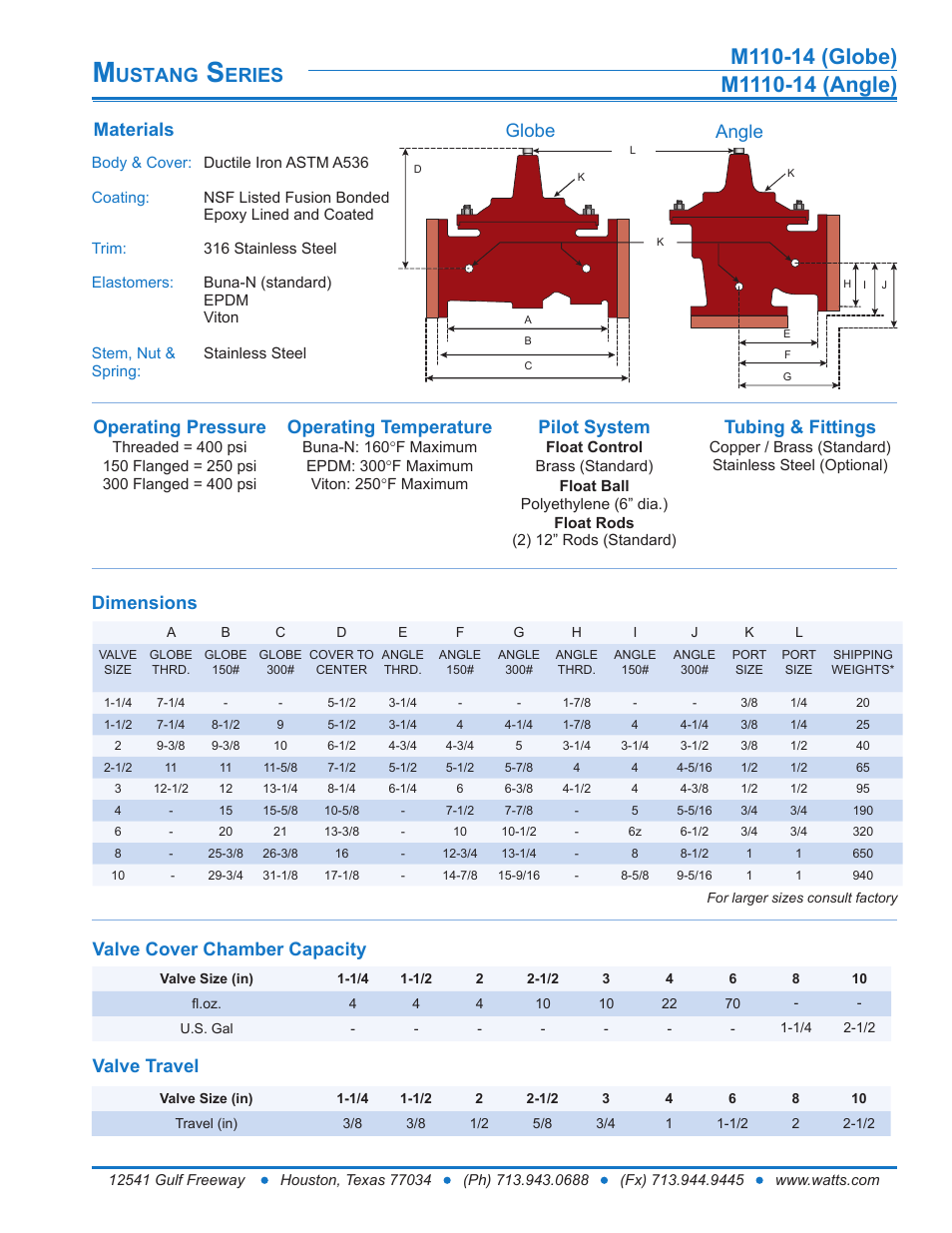 Ustang, Eries, Materials | Globe angle dimensions, Valve cover chamber capacity, Valve travel operating pressure, Operating temperature, Tubing & fittings, Pilot system | Watts M1110-14 User Manual | Page 2 / 6