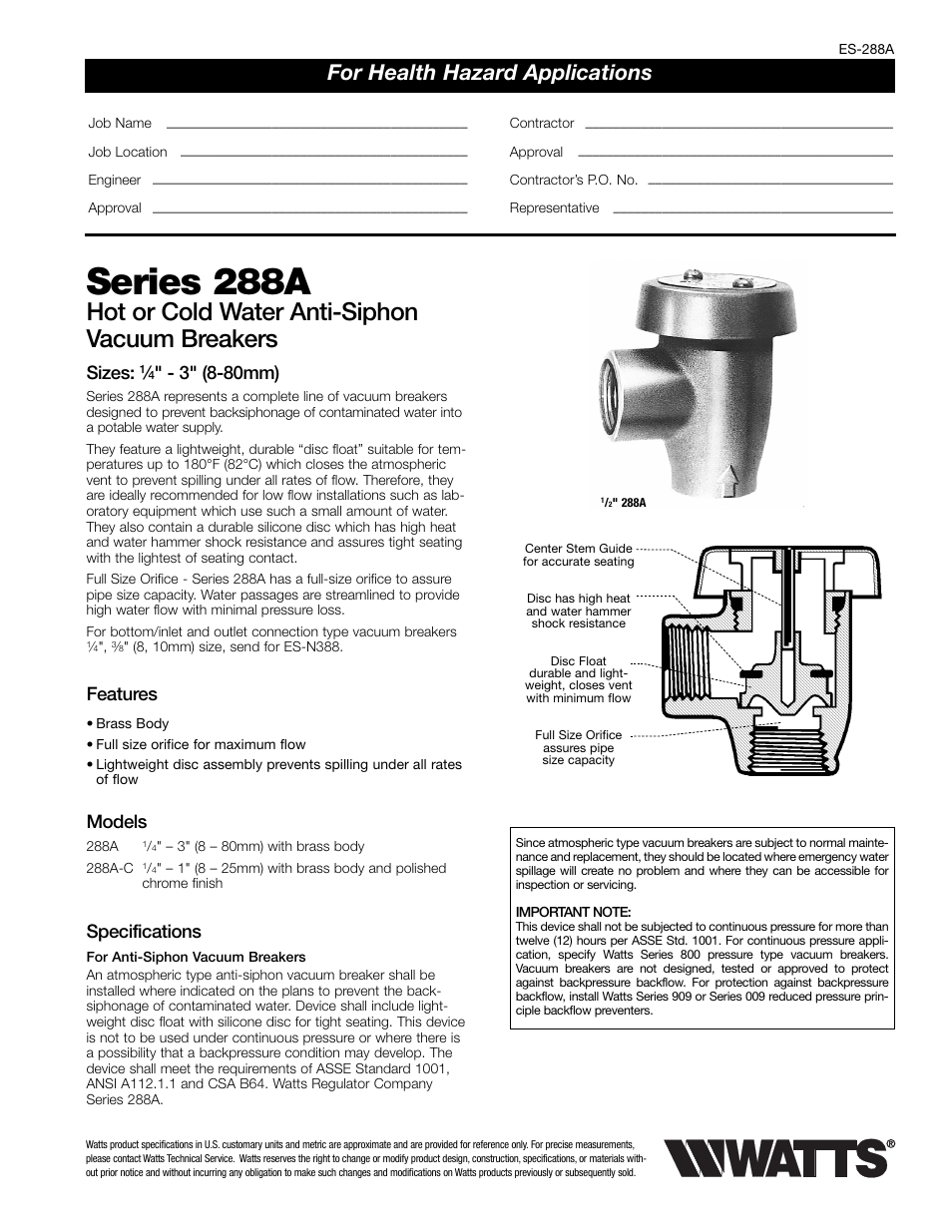 Watts 288A User Manual | 2 pages