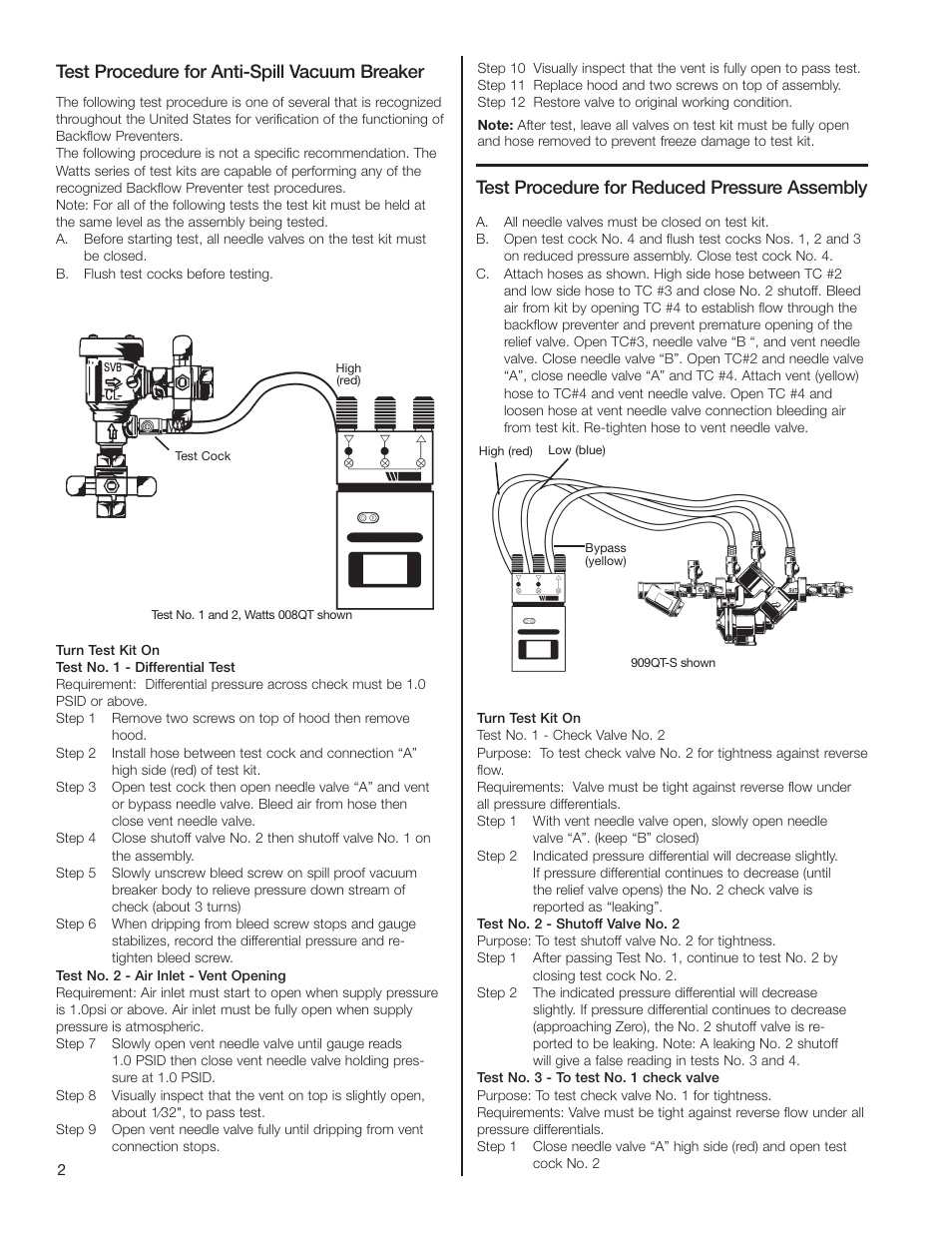 Test procedure for reduced pressure assembly, Test procedure for anti-spill vacuum breaker | Watts TK-99D User Manual | Page 2 / 4