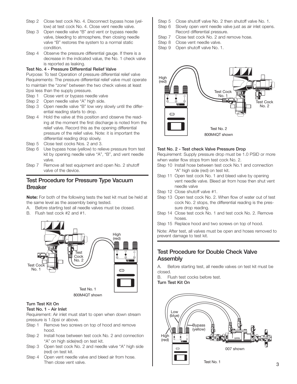 Test procedure for pressure type vacuum breaker, Test procedure for double check valve assembly | Watts TK-99D User Manual | Page 3 / 4
