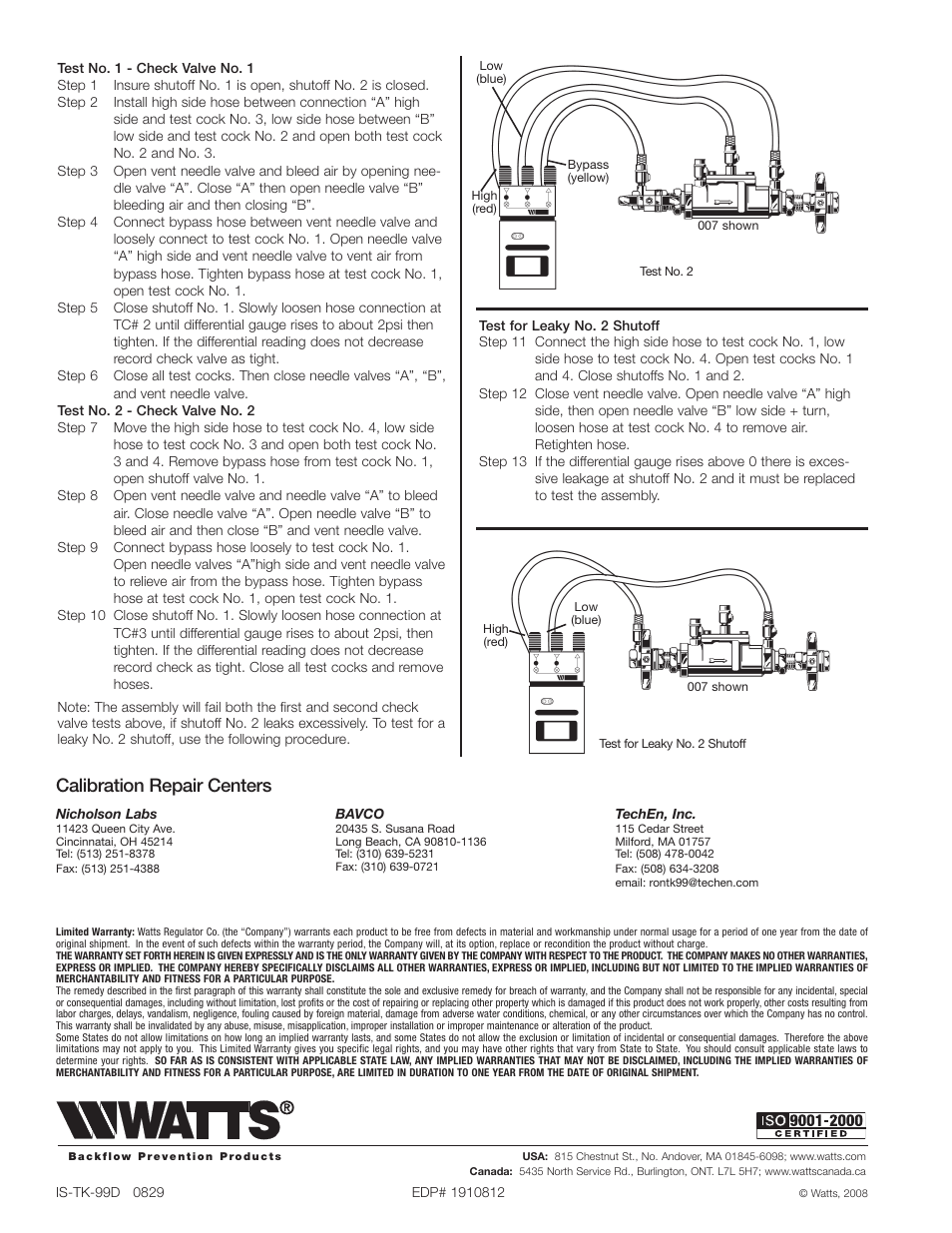 Calibration repair centers | Watts TK-99D User Manual | Page 4 / 4