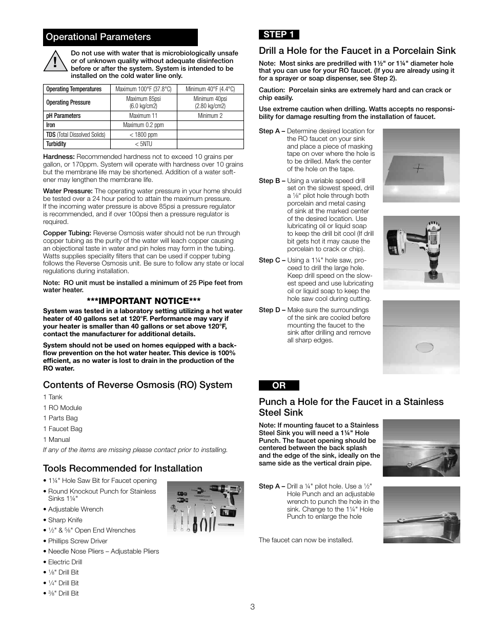 Operational parameters, Contents of reverse osmosis (ro) system, Tools recommended for installation | Drill a hole for the faucet in a porcelain sink, Important notice, Step 1 | Watts PWROKCZRO User Manual | Page 3 / 12