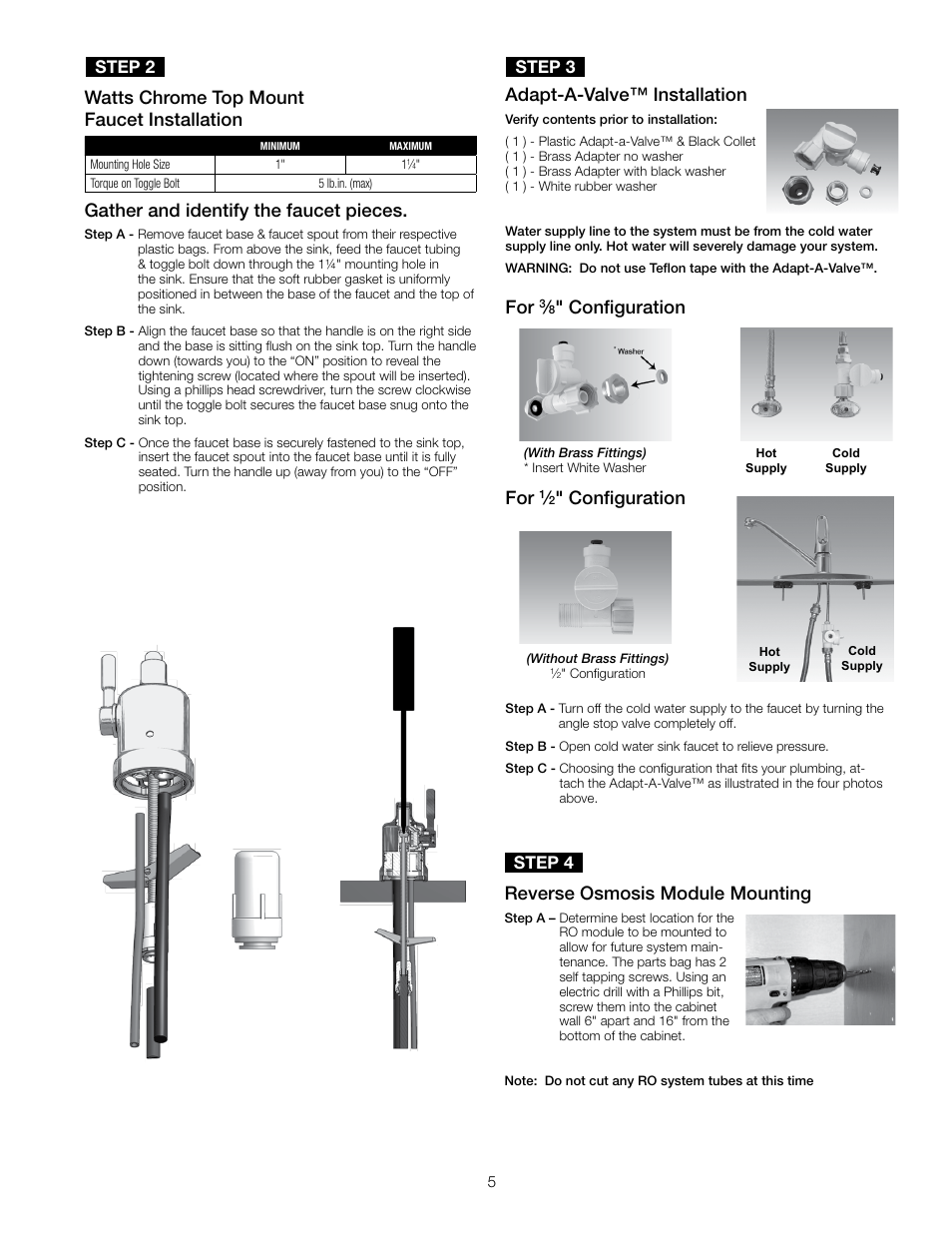 Reverse osmosis module mounting, Adapt-a-valve™ installation, Configuration for | Configuration, Step 4, Step 2, Step 3 | Watts PWROKCZRO User Manual | Page 5 / 12