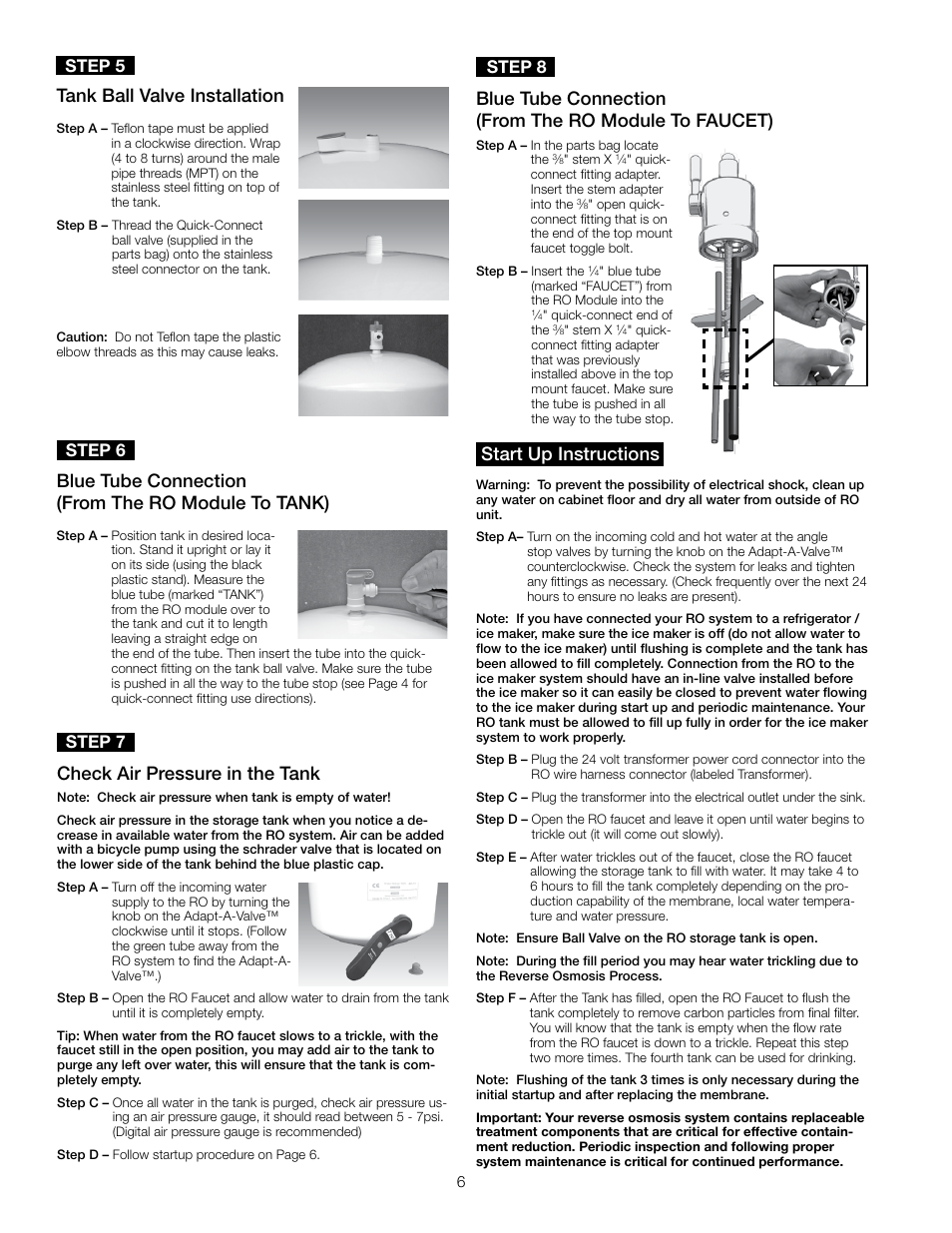 Tank ball valve installation, Blue tube connection (from the ro module to tank), Start up instructions | Check air pressure in the tank, Step 5, Step 6, Step 8, Step 7 | Watts PWROKCZRO User Manual | Page 6 / 12