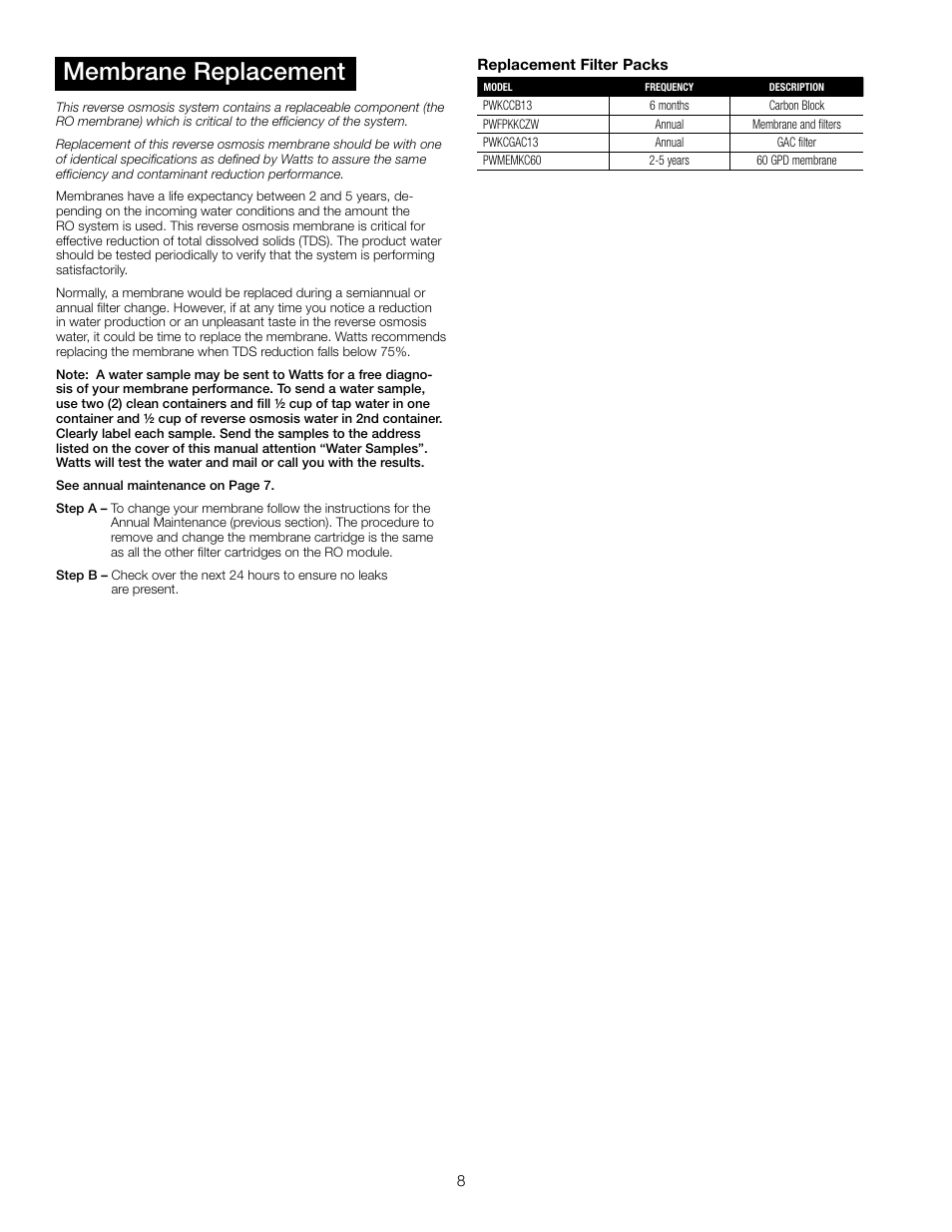 Membrane replacement | Watts PWROKCZRO User Manual | Page 8 / 12