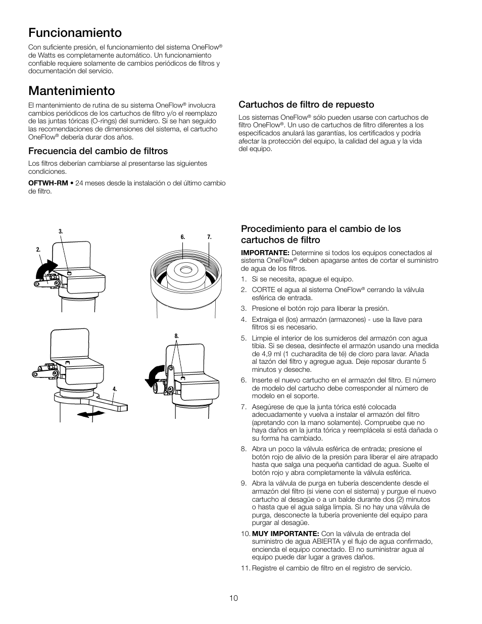 Mantenimiento, Funcionamiento, Frecuencia del cambio de filtros | Cartuchos de filtro de repuesto | Watts OFTWH User Manual | Page 10 / 20
