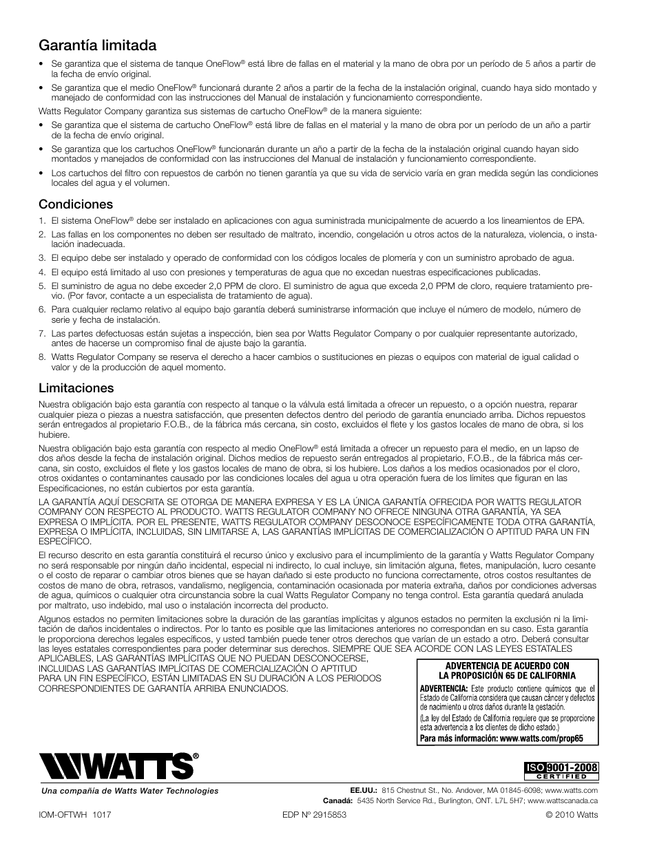 Garantía limitada, Condiciones, Limitaciones | Watts OFTWH User Manual | Page 12 / 20