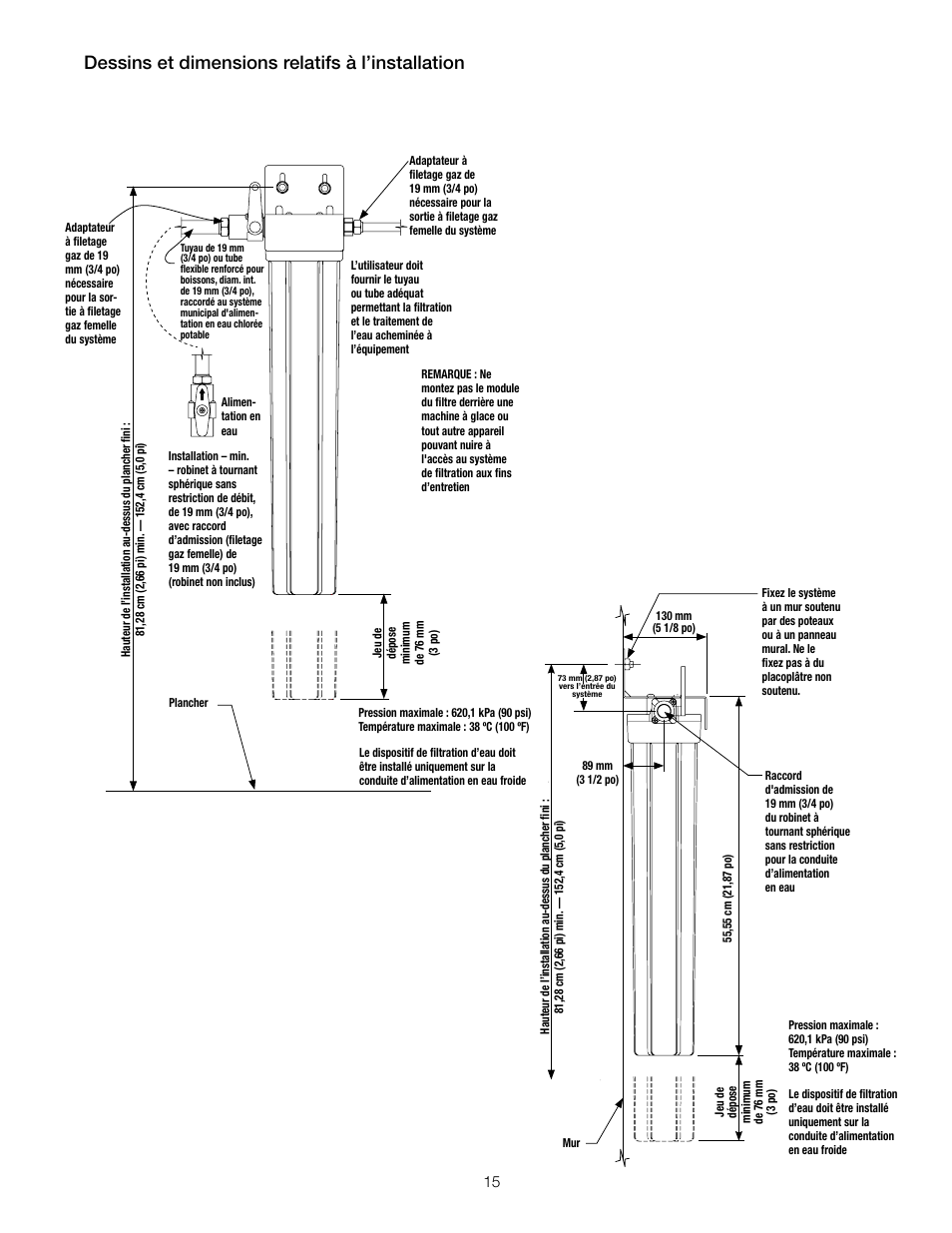 Dessins et dimensions relatifs à l’installation | Watts OFTWH User Manual | Page 15 / 20