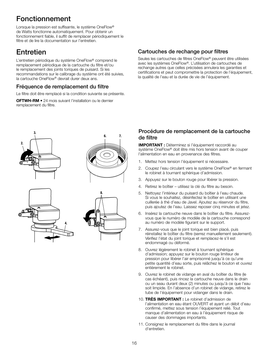 Entretien, Fonctionnement, Fréquence de remplacement du filtre | Cartouches de rechange pour filtres | Watts OFTWH User Manual | Page 16 / 20