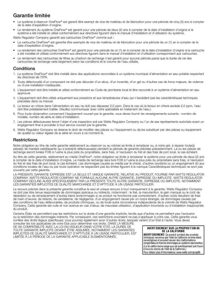 Garantie limitée, Conditions, Restrictions | Watts OFTWH User Manual | Page 18 / 20