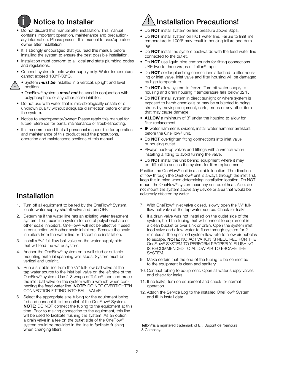 Notice to installer, Installation precautions, Installation | Watts OFTWH User Manual | Page 2 / 20