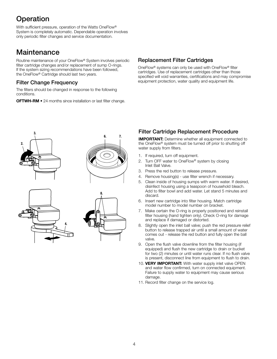 Maintenance, Operation, Filter cartridge replacement procedure | Filter change frequency, Replacement filter cartridges | Watts OFTWH User Manual | Page 4 / 20