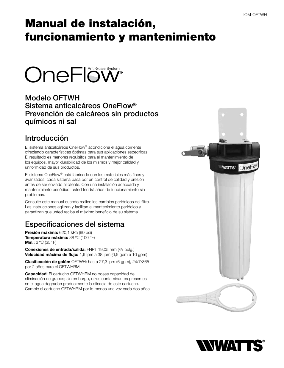 Modelo oftwh sistema anticalcáreos oneflow, Especificaciones del sistema | Watts OFTWH User Manual | Page 7 / 20