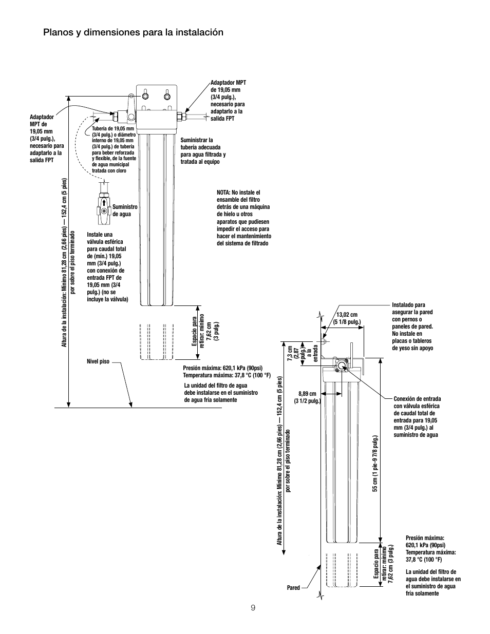 Planos y dimensiones para la instalación | Watts OFTWH User Manual | Page 9 / 20