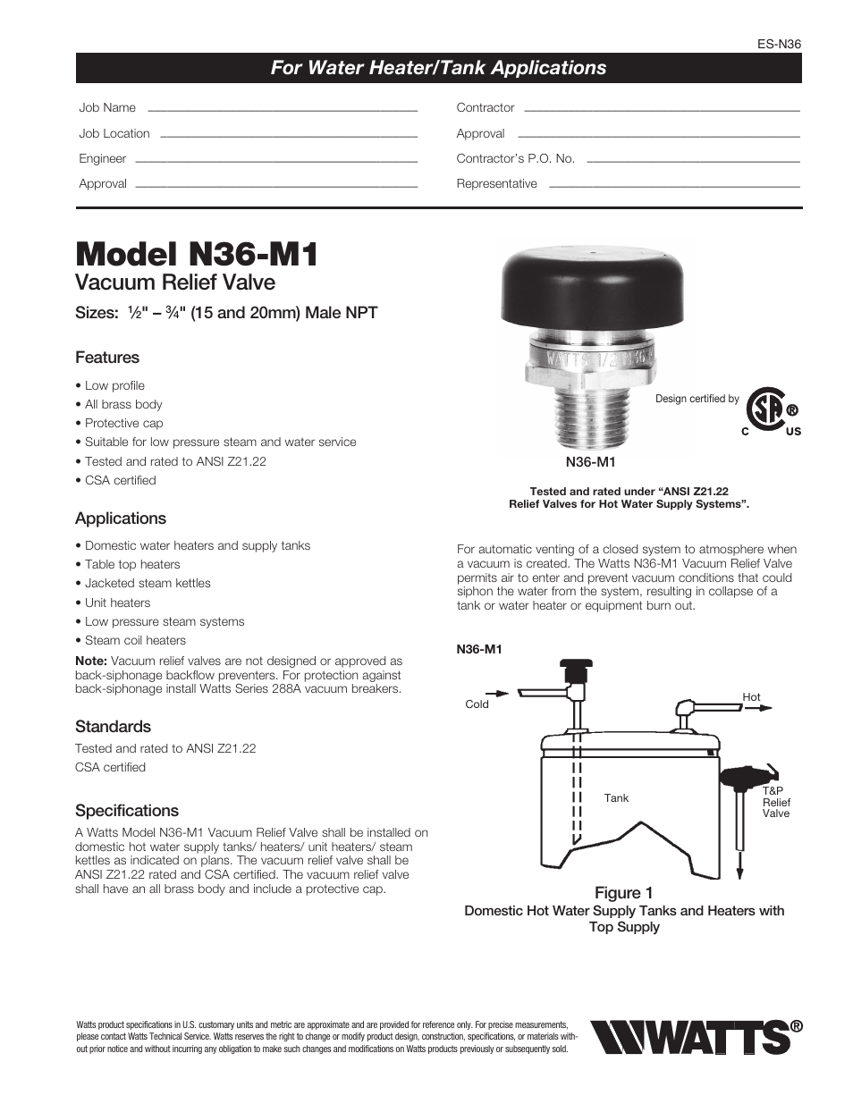 Watts N36 User Manual | 2 pages