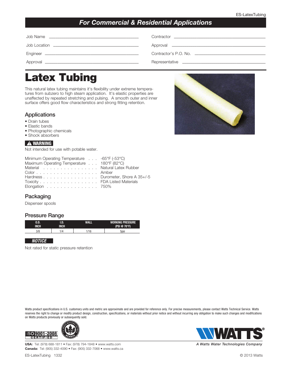 Watts Latex Tubing - Reels User Manual | 1 page