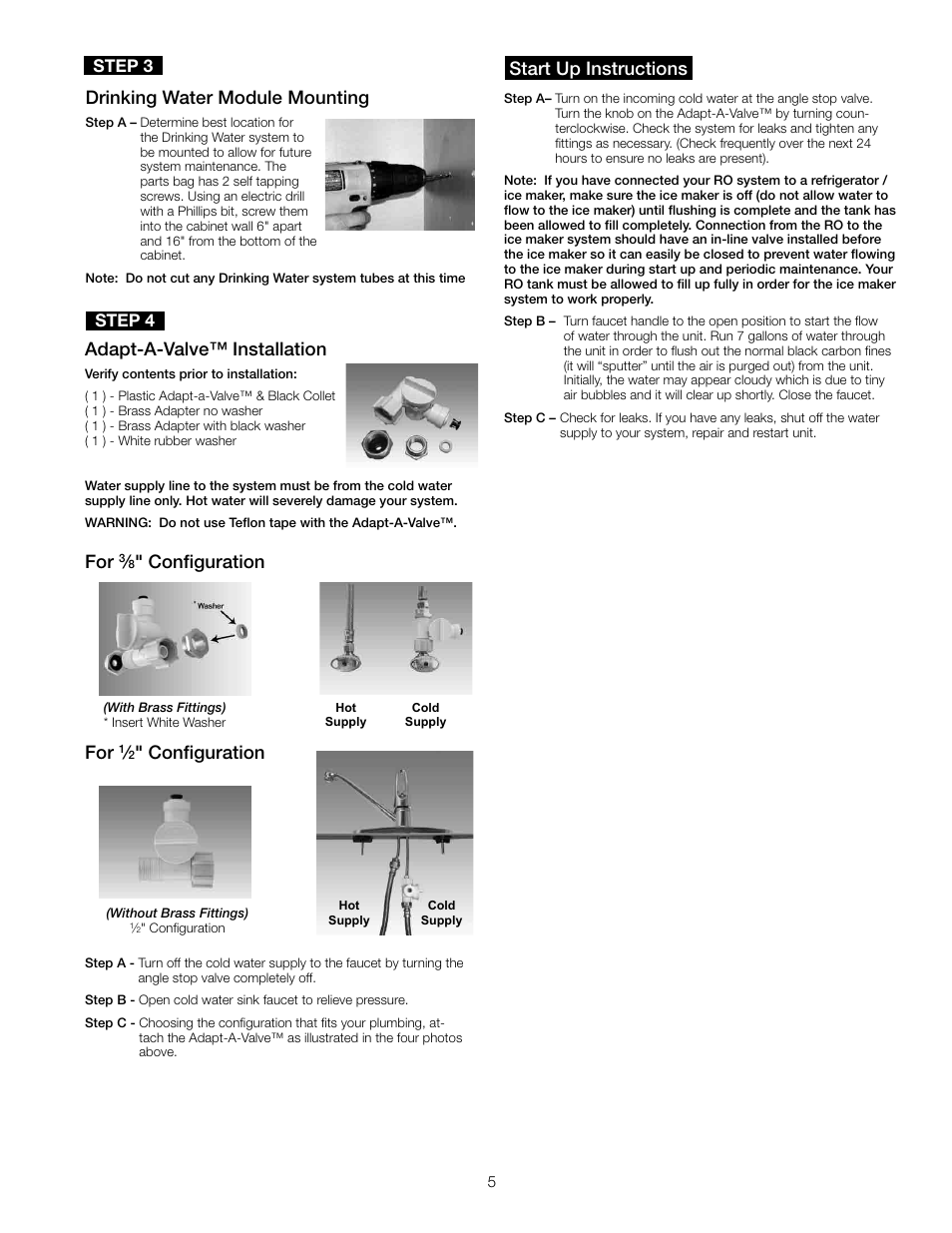 Drinking water module mounting, Start up instructions, Adapt-a-valve™ installation | Configuration for, Configuration, Step 3, Step 4 | Watts PWDWLCV2 User Manual | Page 5 / 8