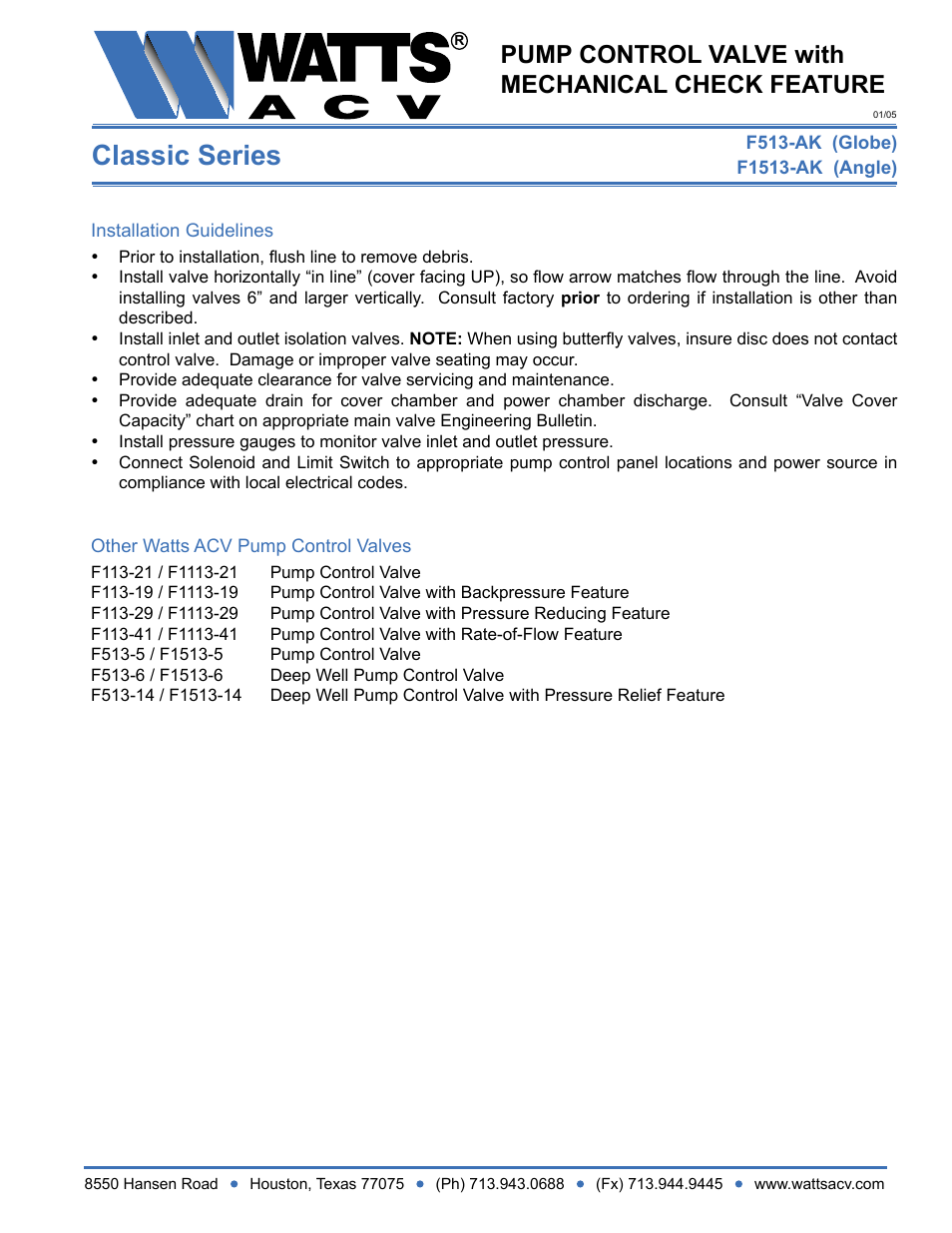 Classic series, Pump control valve with mechanical check feature | Watts F1513-AK User Manual | Page 2 / 2